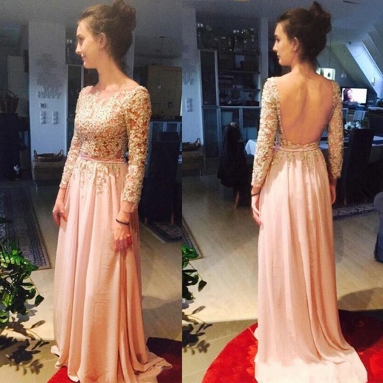 A-line Backless Prom Dress - Sweep Train with Sash Appliques Pearls - Click Image to Close