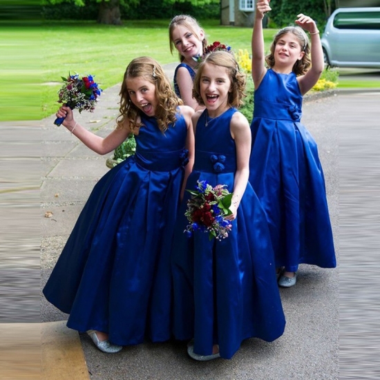 A-Line Round Neck Tea-Length Royal Blue Pleated Satin Flower Girl Dress with Flowers - Click Image to Close