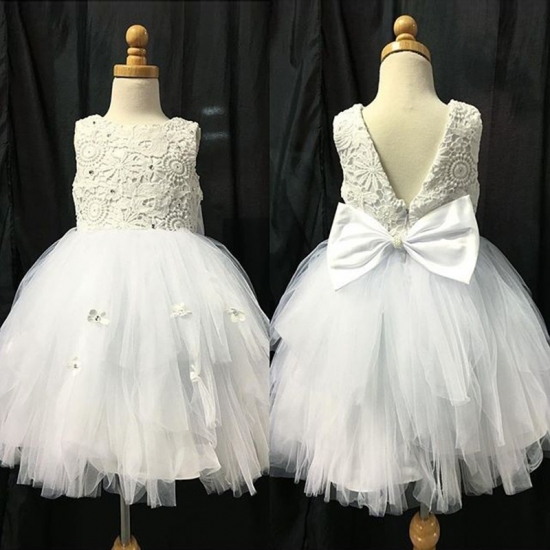 Ball Gown Round Neck V Back Tea-Length White Tulle Flower Girl Dress with Lace - Click Image to Close