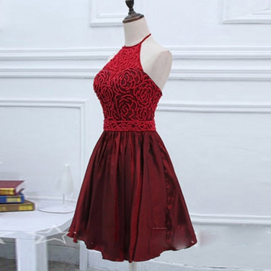 A-Line Halter Short Dark Red Taffeta Homecoming Dress with Beading - Click Image to Close