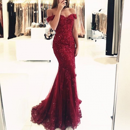 Mermaid Off-the-Shoulder Dark Red Tulle Prom Dress with Beading Appliques - Click Image to Close