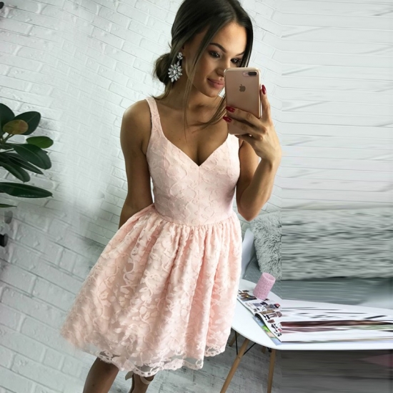 A-Line V-Neck Short Pearl Pink Lace Homecoming Dress - Click Image to Close