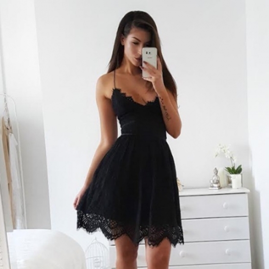 A-Line Spaghetti Straps Lace-up Little Black Lace Dress - Click Image to Close