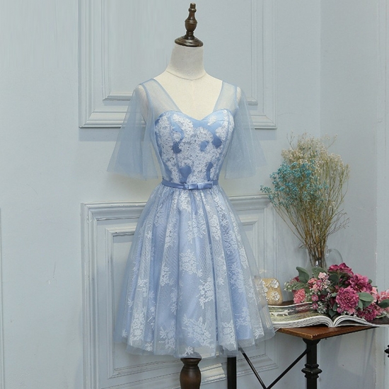 A-Line Scoop Short Sleeves Blue Tulle Homecoming Dress with Appliques - Click Image to Close