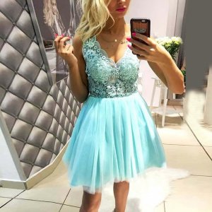 A-Line V-Neck Short Mint Green Tulle Homecoming Dress with Lace