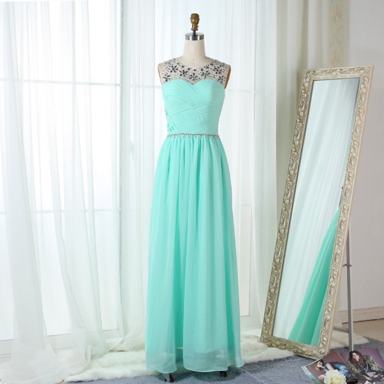 A-Line Bateau Mint Green Chiffon Prom Bridesmaid Dress with Beading - Click Image to Close