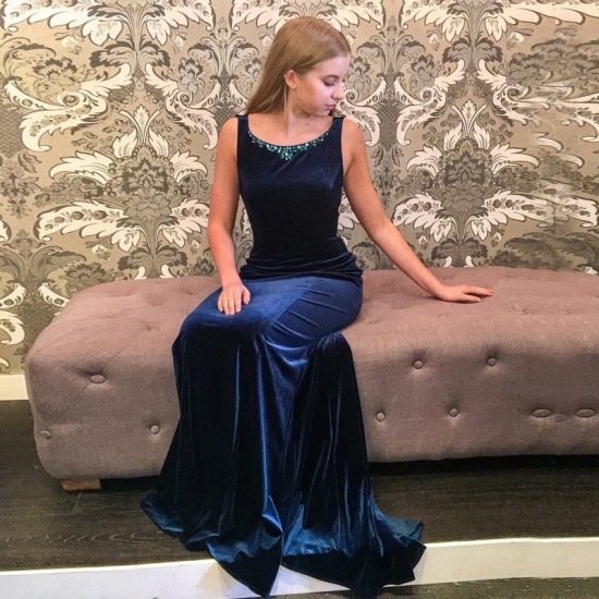 Mermaid Round Neck Sweep Train Navy Blue Velvet Prom Dress with Beading - Click Image to Close