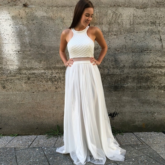 Two Piece Jewel Open Back Floor-Length White Prom Dress with Beading - Click Image to Close