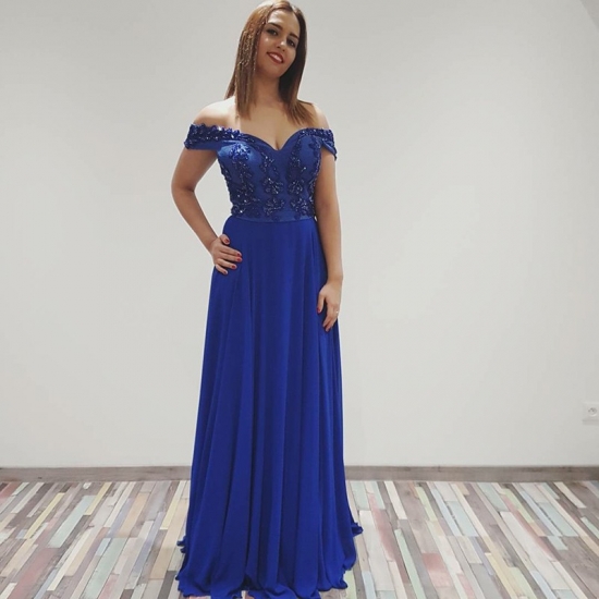 A-Line Off-the-Shoulder Floor-Length Royal Blue Chiffon Prom Dress with Beading - Click Image to Close