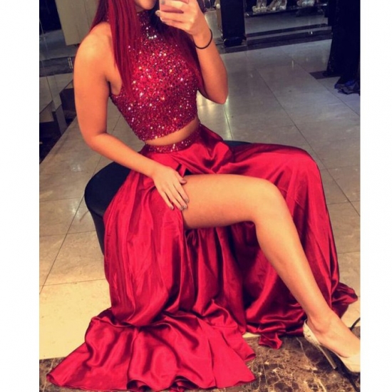 Sexy High Neck Split Side Long Two Piece Prom Dresses with Beaded - Click Image to Close