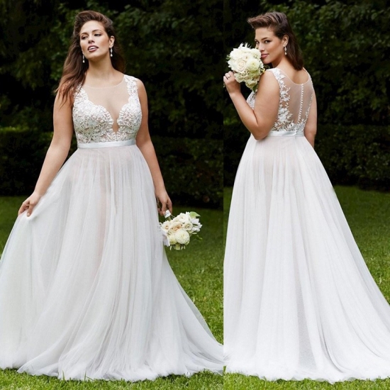 Floor Length Tulle Plus Size Bridal Dress - White A-Line Scoop with Appliques - Click Image to Close