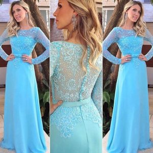 Elegant Long Prom Party Dress - Light Blue Sheath Scoop with Long Sleeves