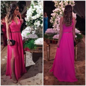 Sexy Floor Length Prom Party Dress - Fuchsia Deep V-Neck Waist with Beaded