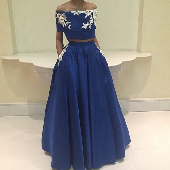 Two Piece Short Sleeves Long Dark Blue Prom Dress with Appliques Pockets - Click Image to Close