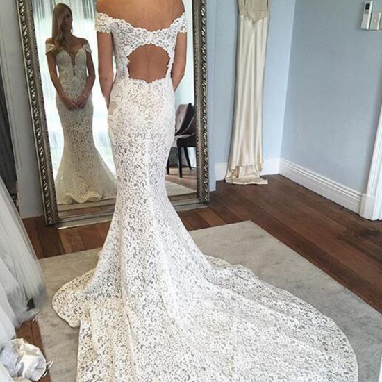 Mermaid Off-the-Shoulder Short Sleeves Court Train Lace Wedding Dress with Open Back - Click Image to Close