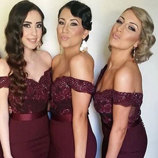 Perfect Burgundy Bridesmaid Dress - Mermaid Off Shoulder Sweep Train with Beading Lace - Click Image to Close