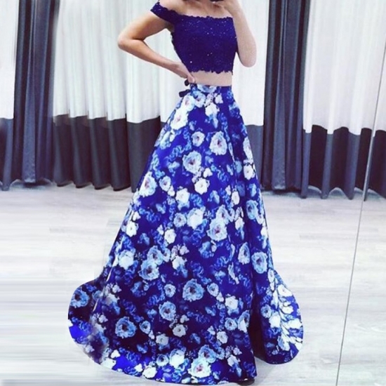 Two Piece Floral Prom Dress - Long Off-the-Shoulder with Lace Beading - Click Image to Close