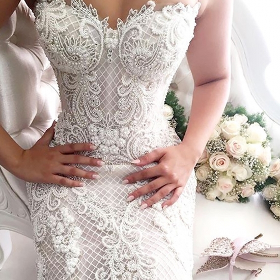 Mermaid Sweetheart Sweep Train Lace Wedding Dress with Beading Pearls - Click Image to Close