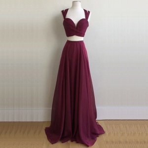 Two Piece Scoop Sweep Train Burgundy Chiffon Prom Dress with Beading