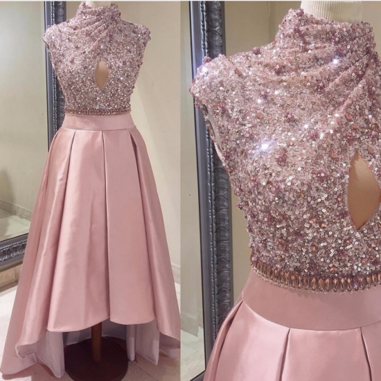 Two Piece High Low Blush Satin Keyhole Prom Dress with Sequins Open Back - Click Image to Close