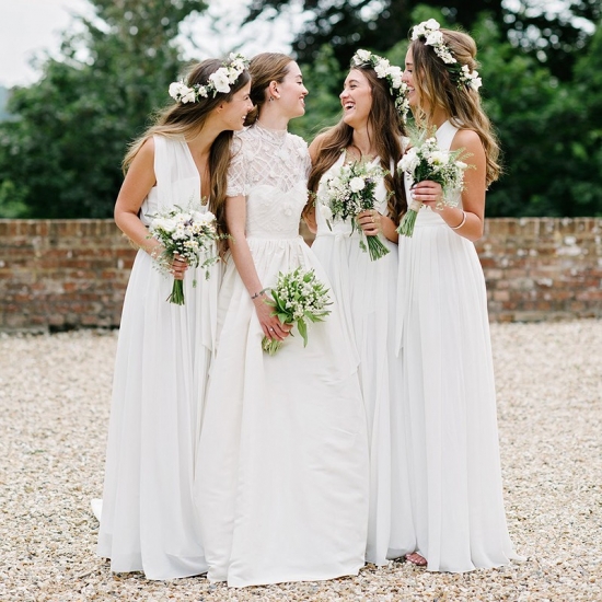 A-Line Deep V-Neck Floor-Length Pleated White Chiffon Bridesmaid Dress - Click Image to Close