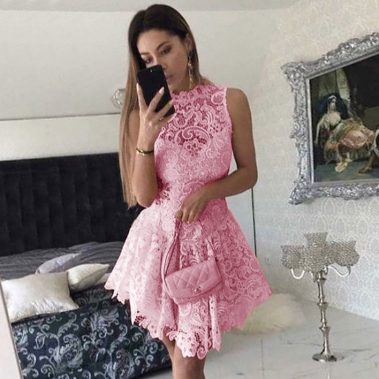 A-Line Scalloped-Edge Short Dropped Pink Lace Homecoming Cocktail Dress - Click Image to Close