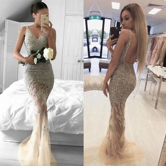 Mermaid V-Neck Sweep Train Backless Ivory Tulle Prom Dress with Beading - Click Image to Close