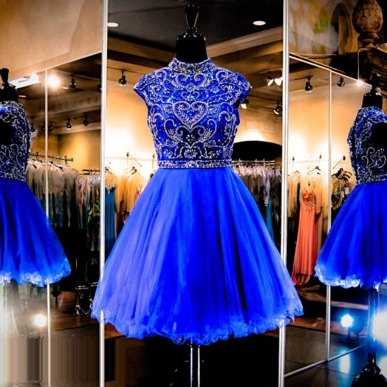 A-Line High Neck Short Royal Blue Tulle Homecoming Dress with Beading - Click Image to Close