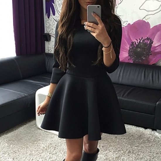 A-Line Jewel 3/4 Sleeves Satin Little Black Dress - Click Image to Close