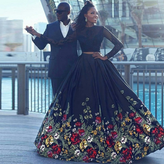 Two Piece Round Neck Long Sleeves Black Floral Satin Prom Dress with Lace - Click Image to Close