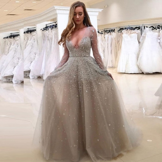 A-Line Scoop Long Sleeves Gray Tulle Prom Dress with Beading - Click Image to Close