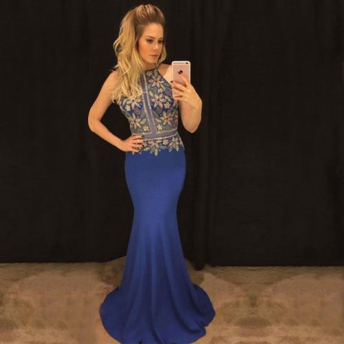 Mermaid Jewel Sleeveless Sweep Train Dark Blue Prom Dress with Appliques