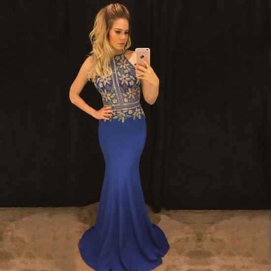 Mermaid Jewel Sleeveless Sweep Train Dark Blue Prom Dress with Appliques - Click Image to Close