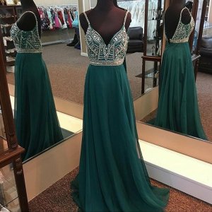 A-Line Spaghetti Straps Backless Dark Green Chiffon Prom Dress with Beading