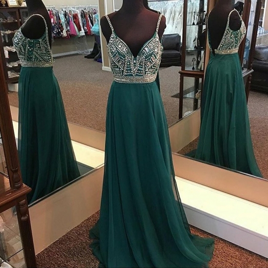 A-Line Spaghetti Straps Backless Dark Green Chiffon Prom Dress with Beading - Click Image to Close