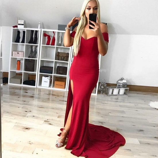 Mermaid Off-the-Shoulder Short Sleeves Sweep Train Red Prom Dress with Split - Click Image to Close