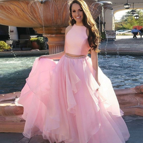 Two Piece Round Neck Long Pink Tiered Prom Dress with Beading - Click Image to Close