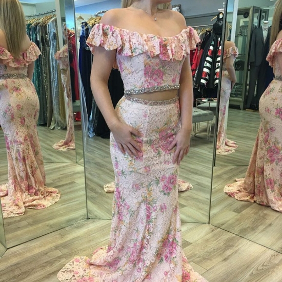 Two Piece Off-the-Shoulder Sweep Train Pink Floral Lace Prom Dress - Click Image to Close