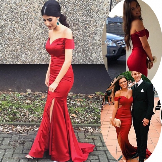 Charming Long Prom/Evening Dress - Red Mermaid Off the Shoulder with Legsplit - Click Image to Close