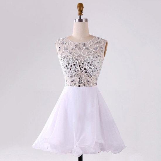 Luxious Bateau Sleeveless Short White Homecoming Dresses Beaded - Click Image to Close