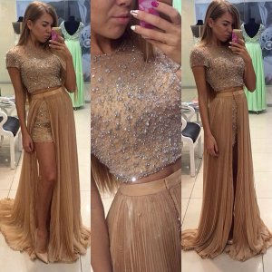 Two Piece Bateau Short Sleeves Khaki Prom Dress with Beading Legslit