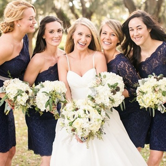 Elegant One Shoulder Short Navy Blue Lace Bridesmaid Dress with Sash - Click Image to Close