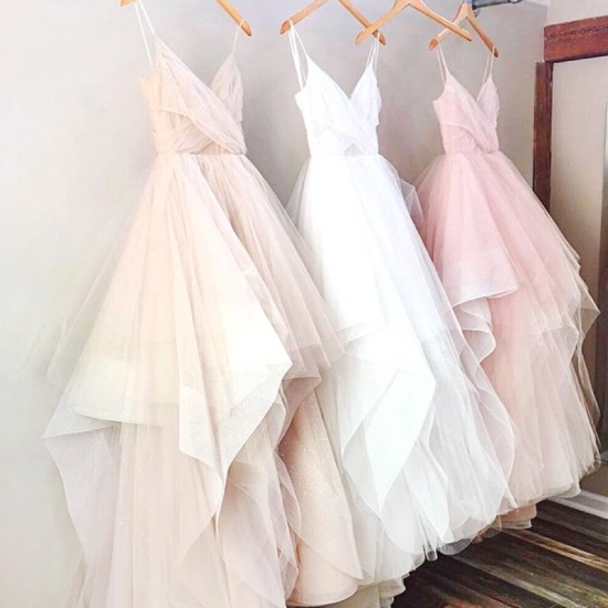 Pink/White Spaghetti Straps Sleeveless Asymmetry Tulle Prom Dress - Click Image to Close