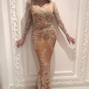 Sheer Mermaid Style Prom Dress - Jewel Long Sleeves with Appliques Beading