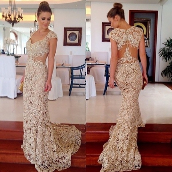 Mermaid Style Scoop Cap Sleeves Sweep Train Champagne Lace Prom Dress - Click Image to Close