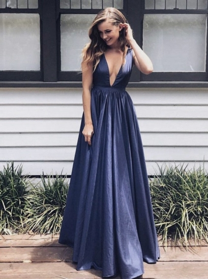 A-Line Deep V-Neck Backless Sweep Train Dark Blue Taffeta Prom Dress - Click Image to Close