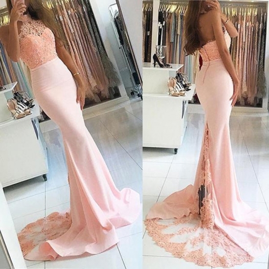 Mermaid Halter Sweep Train Pearl Pink Prom Dress with Beading Lace - Click Image to Close