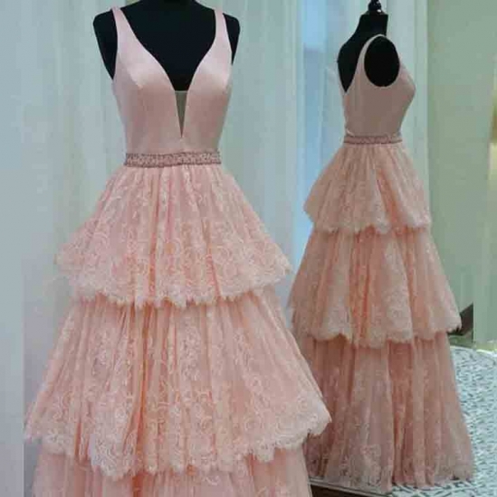 A-Line V-Neck Floor-Length Pink Satin Prom Dress with Beading Tiered Lace - Click Image to Close