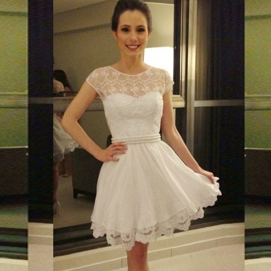 A-Line Jewel Cap Sleeves Short White Chiffon Homecoming Dress with Lace Pearls - Click Image to Close