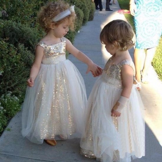 A-Line Square Neck Ankle-Length Tulle Flower Girl Dress with Sequins - Click Image to Close